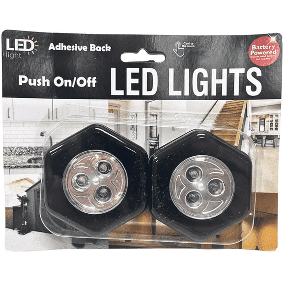 Battery Operated LED Puck Lights, Push On/Off, Hexagon, 2 Pack, Black
