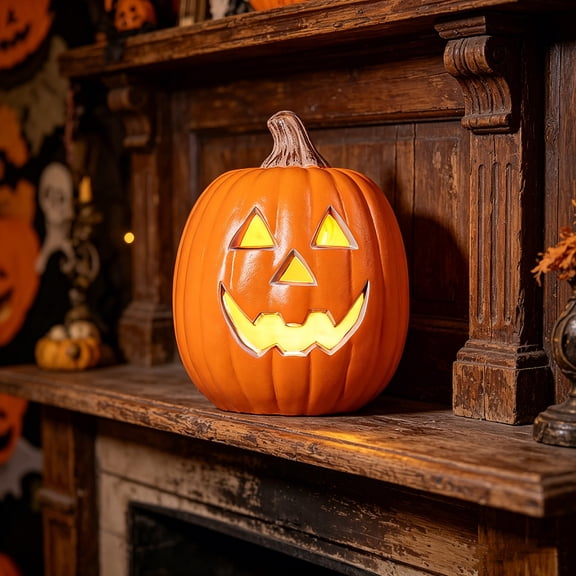 Battery Operated LED Pumpkin Light With Spooky Face Orange Foam Construction For Indoor Home Halloween Decor 1 Count