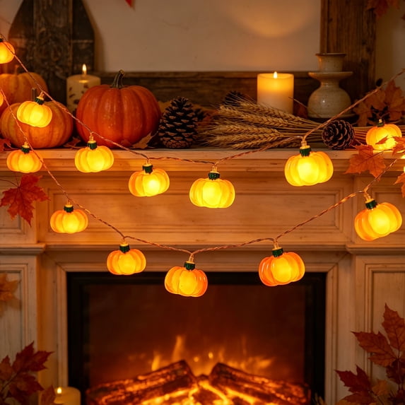 Battery Operated LED Pumpkin Maple Leaf String Lights, Fall Thanksgiving Halloween Garland for Indoor Outdoor Holiday Decor