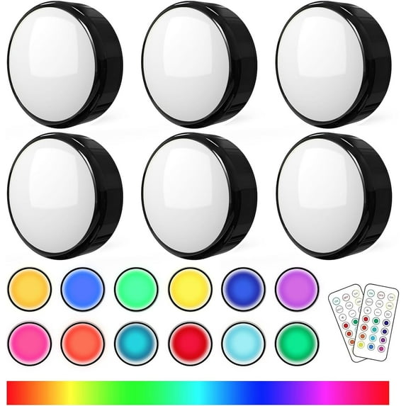 Battery Operated LED Push Lights with Wireless Remote, 13 Color RGB - for Closet, Bedroom Wall, Under Cabinet, Battery Powered Puck Lights. Convenient 3M Stick On, 6 Pack