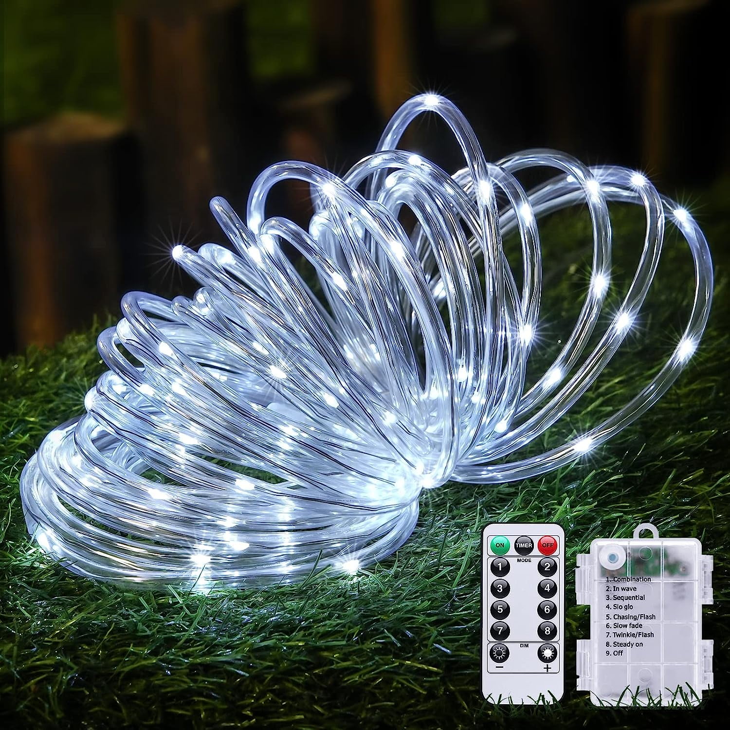 Battery Operated LED Rope Lights, Cool White Clear Tube String Lights