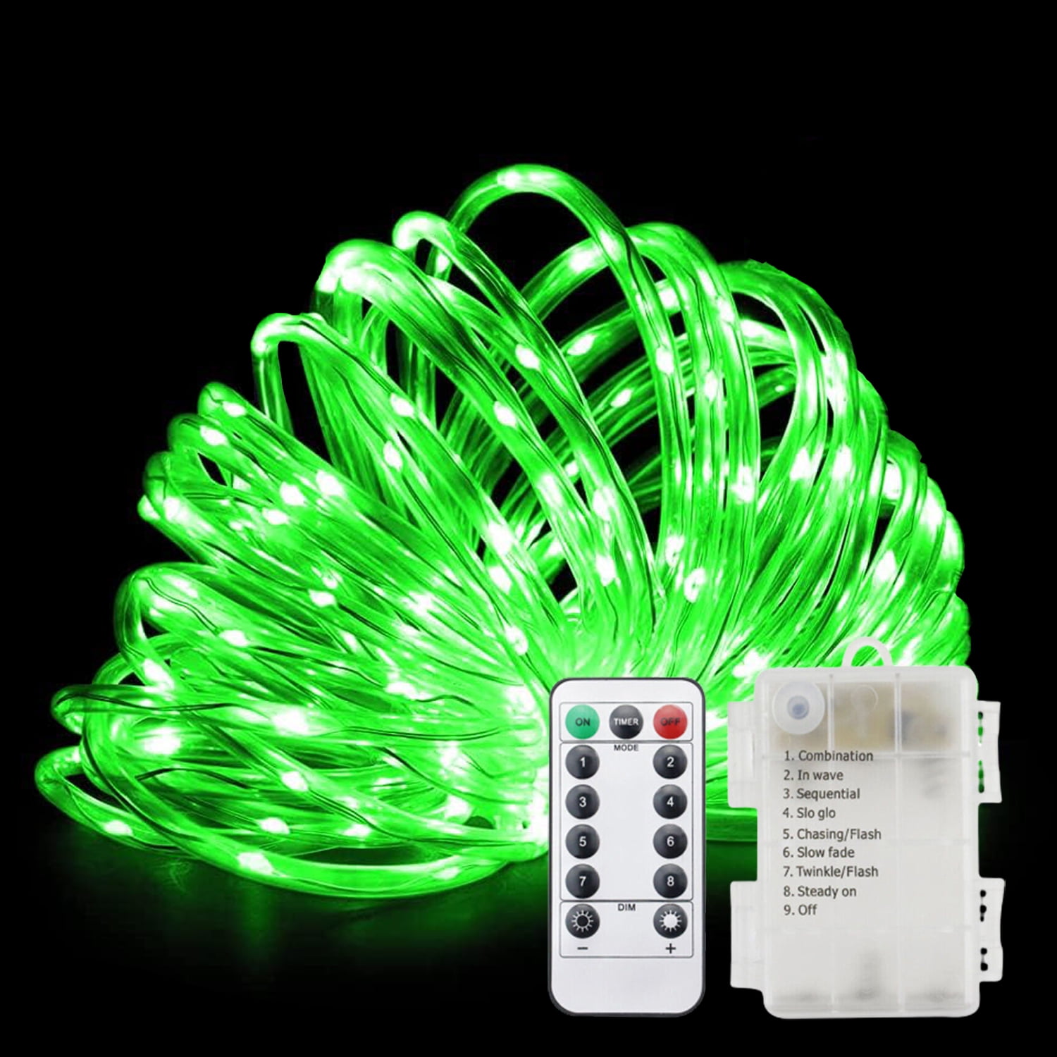 Battery Operated LED Rope Lights, Green Clear Tube String Lights Remote Control Fairy Lights
