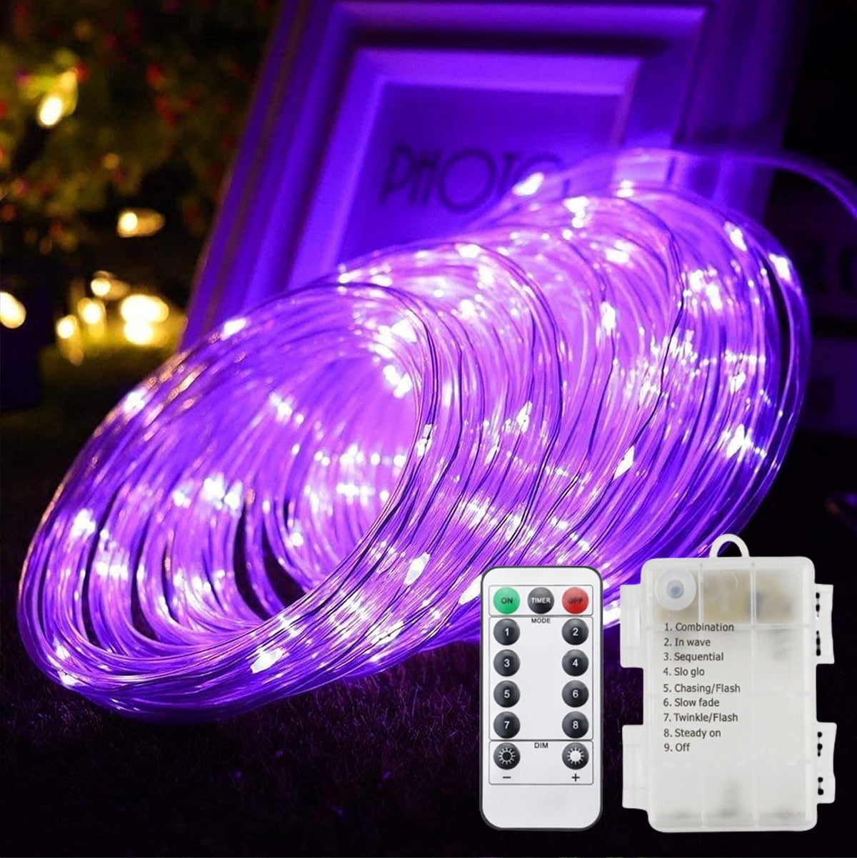 Battery Operated LED Rope Lights, Purple Clear Tube String Lights Remote Control Fairy Lights