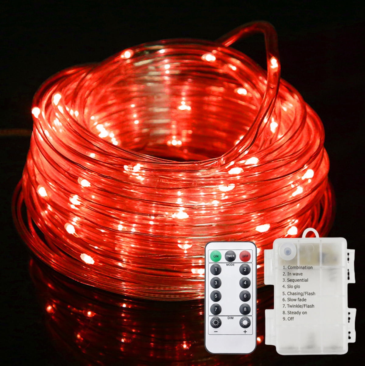 Battery Operated LED Rope Lights, Red Clear Tube String Lights Remote