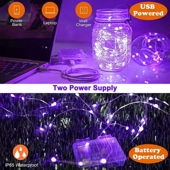 Battery Operated LED UV Black Lights, 16.5ft 50 Units 2835 LED UV Lamp Beads 8 Modes Flexible Blacklight Fairy String Lights with Remote for Fluorescent Party Stage Body Paint Halloween Decor