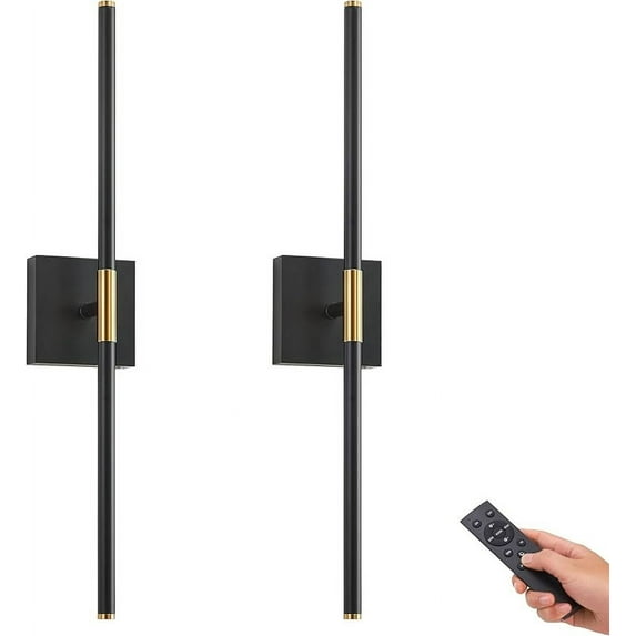 Battery Operated LED Wall Sconces Set of 2, 25" Wireless Rechargeable Gold Wall Lights with Remote Control, 3 Color Stepless Dimming 360 ° Rotate Wall Decor Lamp for Living Room Hallway Bedroom
