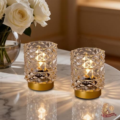 Battery Operated Lamp with Timer, Cordless Table Lamps for Shelf Decor, Rhombus Texture Aesthetic Crystal Lamp, Small Decorative Lamps for Bedroom/Bathroom/Kitchen/Entryway/Dorm (2 Pack Clear)