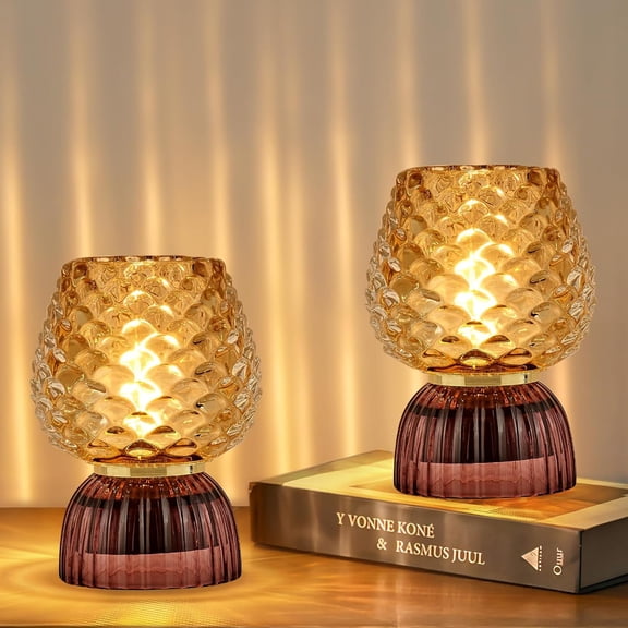 Battery Operated Lamp with Timer, Cute Small Cordless Glass Table Lamp for Home Decor, Kitchen, Bathroom, Birthday Gift for Women, Pinecone, Amber, 2 Pack