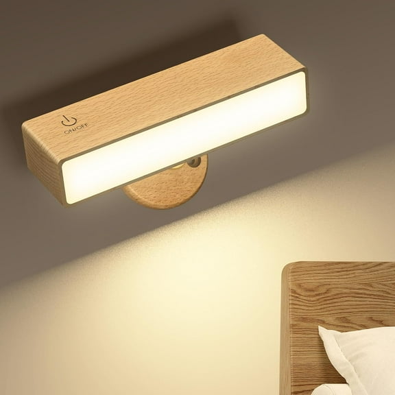 Battery Operated Led Wall Sconces Lights, Wall Lights for Bedroom, Wireless Rotatable Cordless Wall Lamp with Warm Temperature for Bedroom, Living Room, Bedside Reading, Beech