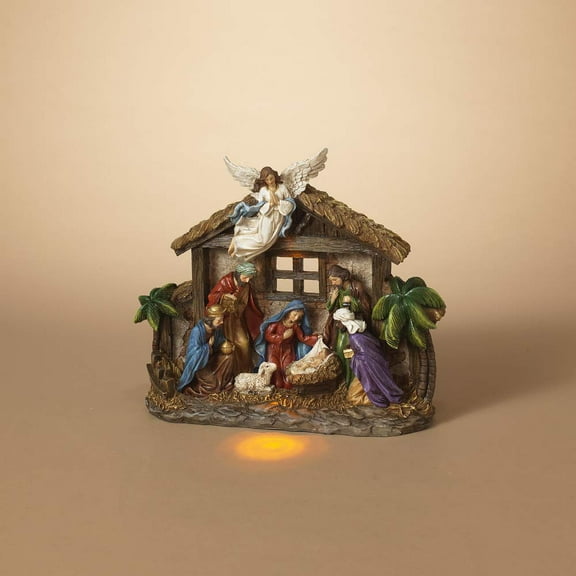 Gerson 2604470 Battery Operated Lighted Resin Nativity Stable with Figurines 12.4" L