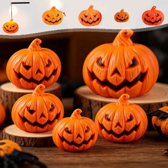 Battery Operated Mini Handheld LED Pumpkin Lantern, Small Jack-O'-Lantern Night Light, Compact Table Decor for Mantel Shelf, Holiday Party Tiered Tray and Indoor Halloween Decoration