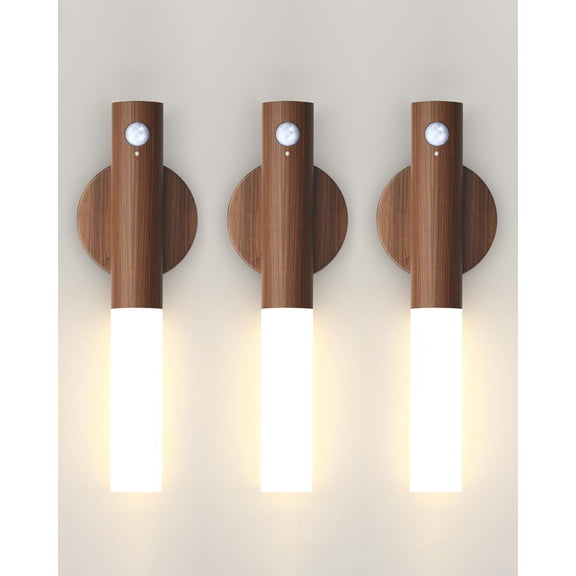 Battery-Operated Motion Sensor Night Lights: 2200mAh Rechargeable Wall Sconces Magnetic Wall Lights Wireless Stairway Lights Portable Hallway Light Wooden Wall Lighting for Bedroom Stair Picture