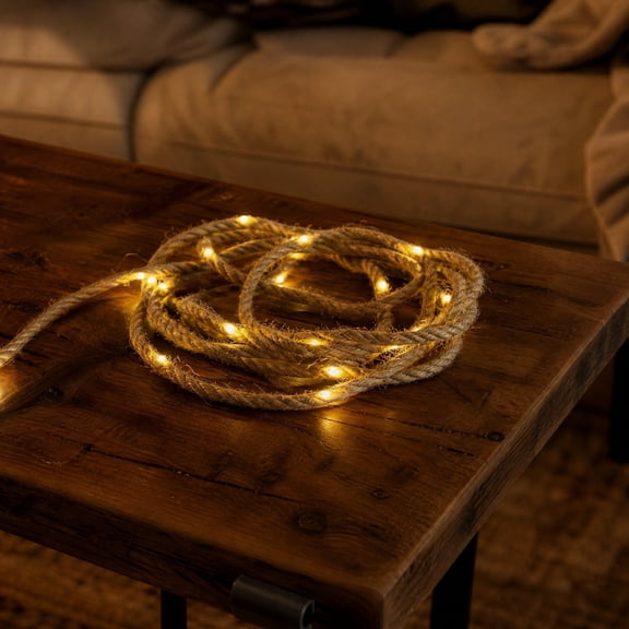 Battery Operated Natural Jute Rope LED String Lights, Vintage Khaki Textured Decorative Fairy Lights, Low Heat Flexible Waterproof Lamp for Bedroom Patio Wedding Christmas Holiday Party