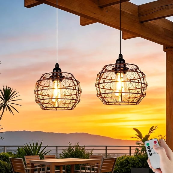 Battery Operated Outdoor Chandelier, 2Pack Gazebo Lights Waterproof, Beaded Copper Wire Drum Shape Hanging Pendant Lights with Remote for Gazebo, Pergola, Porch, Ceiling Indoor Outdoor Decor Lighting