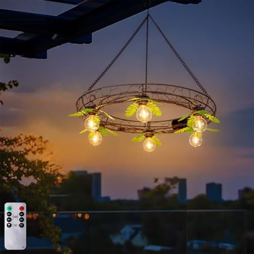 Battery Operated Outdoor Chandelier, Decorative Hanging Pendant Lights with 6pcs G40 Bulbs, Rust Finish Metal Wire Floral shade, Brightness Adjustable with Timer for Pergola Gazebo Porch Patio Decor