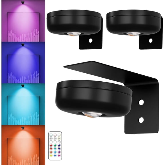 Battery Operated Painting Light, Magnetic Picture Light with Remote Dimmable and Timer, 13 Color RGB Wall Decor Puck Lights,Art Display Light for Picture Frame Paintings 3 Black