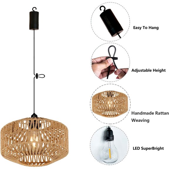 Battery Operated Pendant Light Outdoor Chandelier for Gazebo Hanging Lamp with Remote Timer Powered by 4*AA Batteries Boho Rattan Lampshade LED Lantern for Garden Farmhouse Porch Patio Backyard Decor