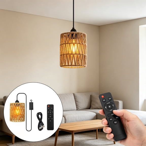 Battery Operated Pendant Light No Wiring, Rechargeable Rattan Lamp for Bedroom Living Room Patio, Boho Woven Hanging Light with USB Charging - Dimmable, 12Hours Battery, Easy Installation