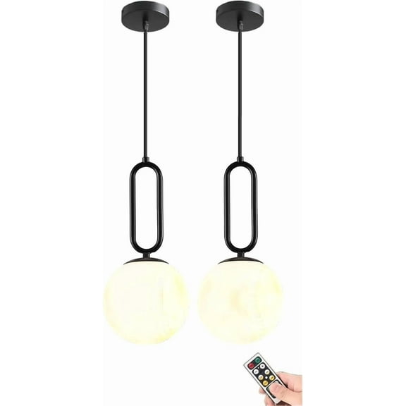 Battery Operated Pendant Lights Set of 2,USB Rechargeable Hanging Lamp with Remote Timer,Modern Black Globe Glass Pendant Lighting Fixture Indoor Chandelier for Bedroom Kitchen Island Dining Room