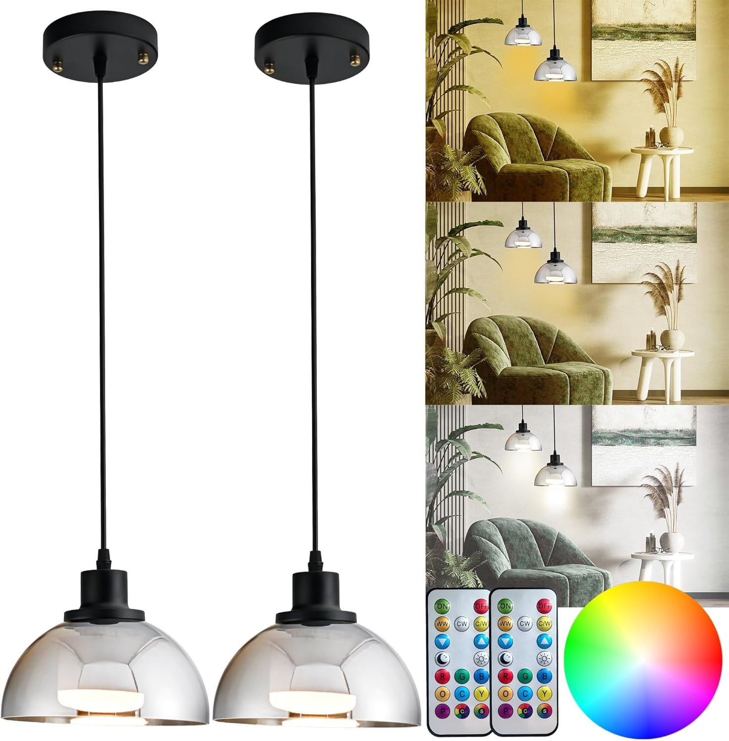 2 Pack Battery Operated Pendant Lights,Hanging Battery Light With 10000 MAh RGB Rechargeable Light Bulbs 50 Hours Ultra-Long Battery Life,Black Ceiling Lights No Wiring With Remote For Kitchen Island