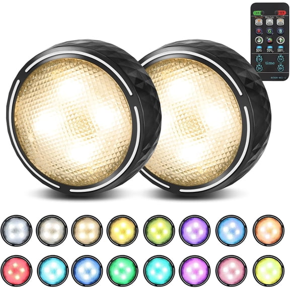 Battery Operated Puck Lights with Remote LED Under Cabinet Lighting Wireless Stick on Color Changing Timer Tap for Cabinets Shelves Closets Display Case - 2Pack