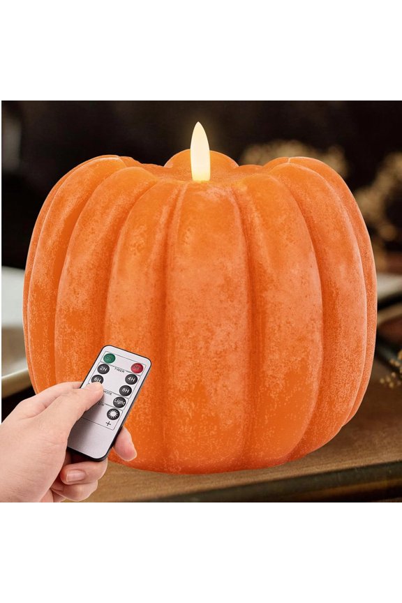 Battery Operated Pumpkin Candle, Flameless Wax Light, Halloween Christmas Decor, Flickering Amber Glow and Convenient Remote Control for Dining Tables, Window Sills and Holiday Gatherings.