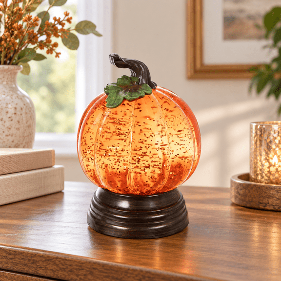 Battery Operated Pumpkin Light, Orange Tabletop Decorative Light for Fall Home Decor, Mantel, Shelf and Table, 6.25 in, Batteries Not Included