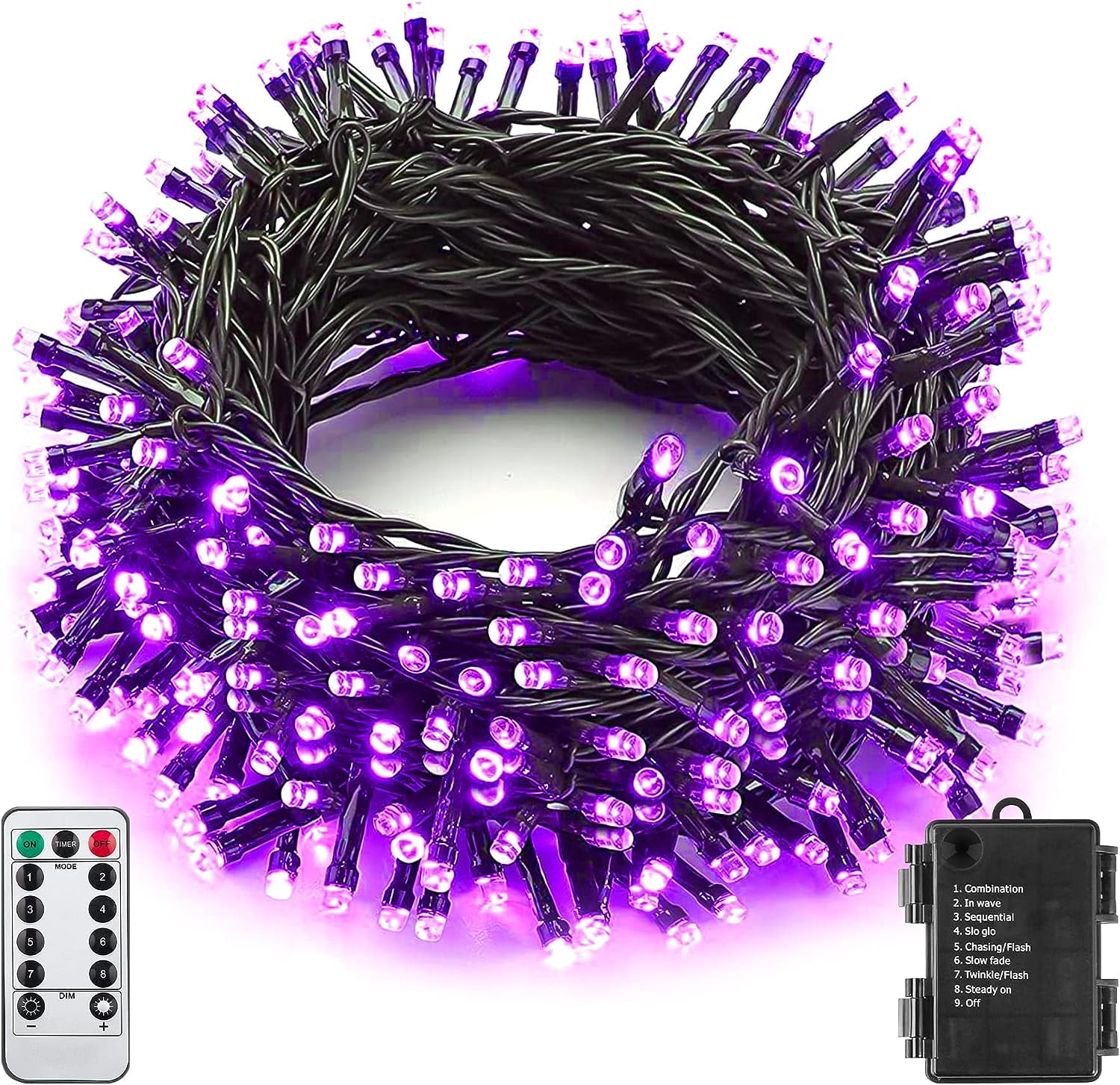 Battery Operated Purple Halloween Lights,16ft 50 LED Black Wire String ...