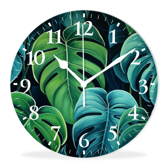 Battery Operated Quartz Wall Clocks Non-Ticking Quiet Analog Clock Decorative Indoor Bedroom-Green Monstera Painting(12inch)