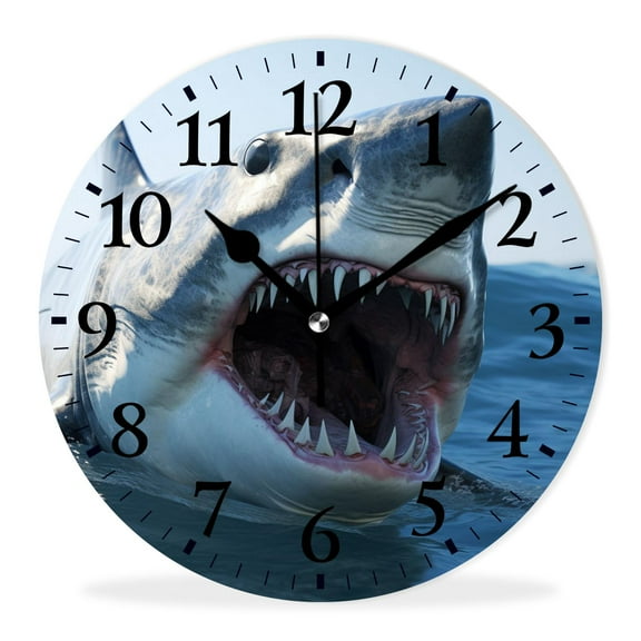 Battery Operated Quartz Wall Clocks Non-Ticking Silent Modern Wall Clocks Decorative for Office-3D Sharks Illustration(10inch)