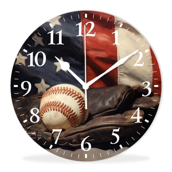 Battery Operated Quartz Wall Clocks Non-Ticking Silent Modern Wall Clocks Decorative for Office-Baseball and Glove with the Stars and Stripes(10inch)