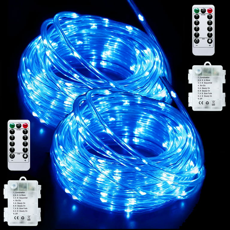 Battery Operated Rope Lights 2 Pack, 39 Ft 100 LED Rope Lights Outdoor  Waterproof, 8 Modes Camping String Lights with Remote & Timer for Party  Garden Walkway Patio Decorations (Blue) 
