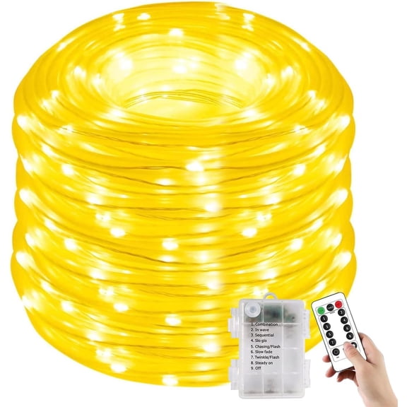 Battery Operated Rope Lights with Remote, 100 LEDs 40ft Waterproof Outdoor String Lights, Wedding, Garden, Fence Decoration
