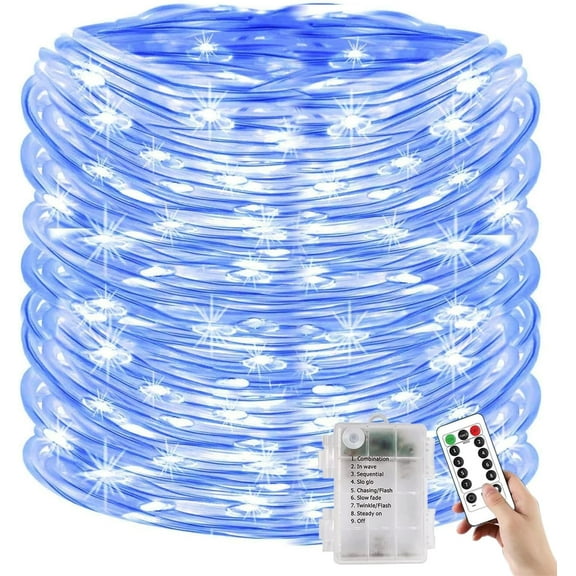 Battery Operated Rope Lights with Remote, 300 LEDs 104ft Waterproof Outdoor String Lights, Wedding, Garden, Fence Decoration