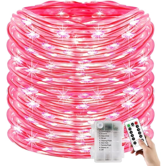 Battery Operated Rope Lights with Remote, 300 LEDs 104ft Waterproof Outdoor String Lights, Wedding, Garden, Fence Decoration