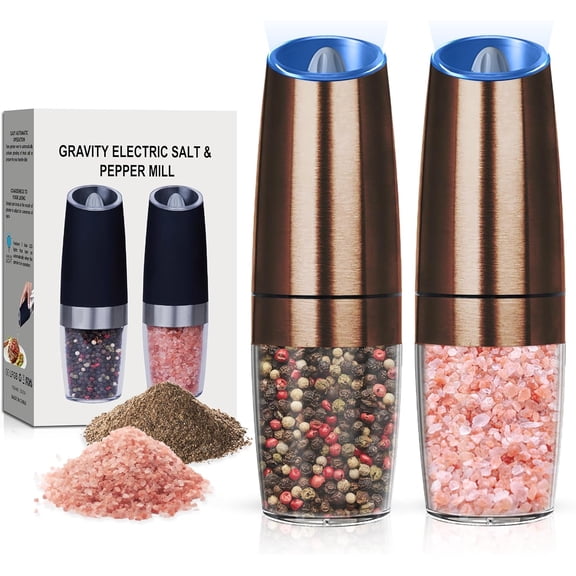 Battery Operated Salt And Pepper Grinder Set with LED Light, Automatic Electric Gravity Salt And Pepper Shakers Set, Each 6 AAA Batteries Needed, Adjustable Roughness, 2 Pack (Copper)