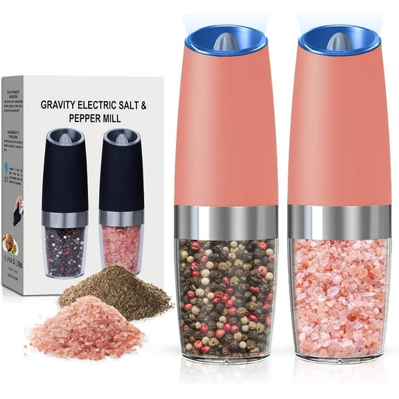 Battery Operated Salt And Pepper Grinder Set with LED Light, Automatic Electric Gravity Salt And Pepper Shakers Set, Each 6 AAA Batteries Needed, Adjustable Roughness, 2 Pack (Pink)