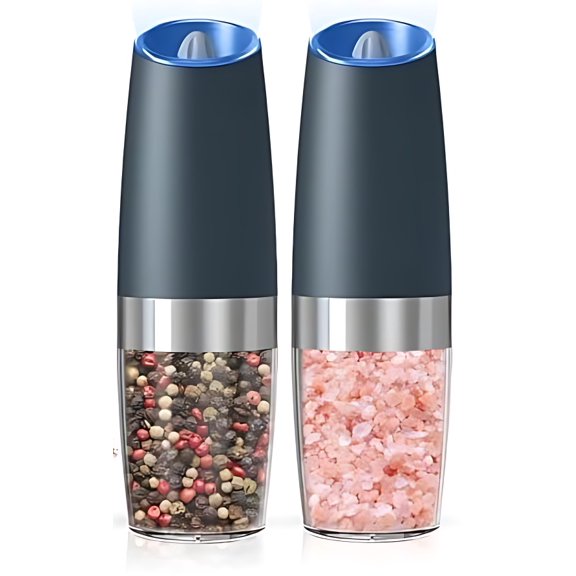 Battery Operated Salt And Pepper Grinder Set with LED Light, Automatic Electric Gravity Salt And Pepper Shakers Set, Each 6 AAA Batteries Needed, Adjustable Roughness, 2 Pack (Grey)