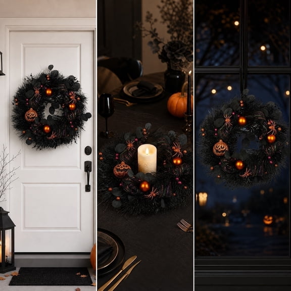 Battery Operated Spooky Led Pumpkin Ghost Front Door Halloween Wreath, Glowing Embedded Lamp Design Without Included Batteries, Rattan Ring Base for Home Porch Haunted Party Seasonal Hanging Decor