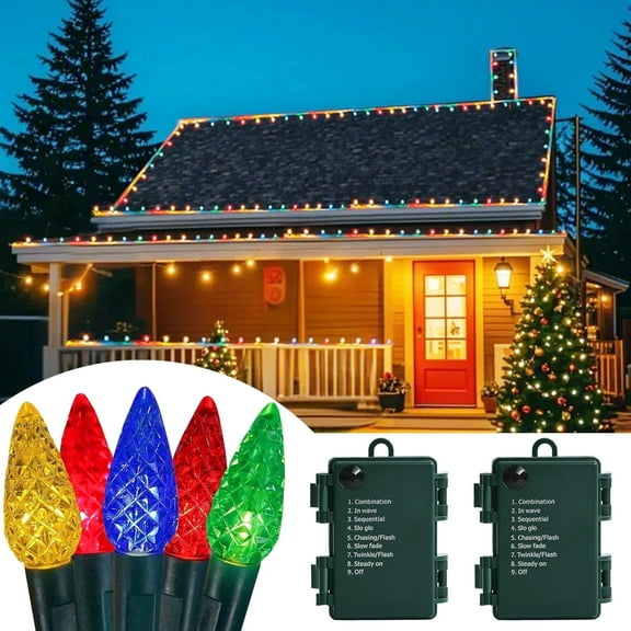 FoikYoik Battery Operated Christmas Lights 50 LED C3 Christmas Tree Lights for Indoor Outdoor Wreath Party Wedding Multicolor 2 Pack