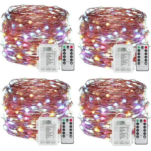 Battery Operated String Lights, 4 Pack 3*AA Battery Powered Copper Wire Remote Control Waterproof Timer Led Firefly Lights for Bedroom, Garden, Christmas, Wedding, Decoration (5M)