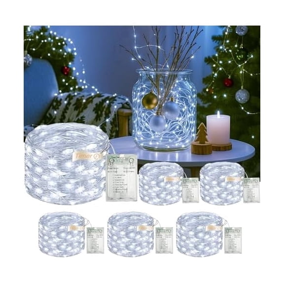 Battery Operated String Lights 6 Pack 16FT 50 LED Fairy Lights Battery Operated with Timer, 8 Modes USB Mini Twinkle Light, Small String Lights for Christmas Tree Wreath Vase Bedroom, Cold White