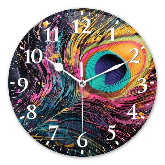 Battery Operated Wall Clocks with Non-Ticking Sweep Movement,Modern Round Clock Decorative for Bedroom,Office-Elegant Peacock Feather With Vibrant Colors(14inch)