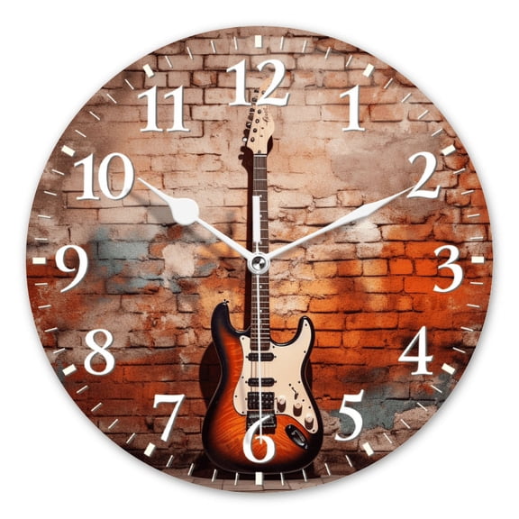 Silent Non-Ticking Wall Clock Quartz,Modern Round Clocks Decor for Living Room,Office,Kitchen-Guitar Leans Against Old Brick Wall(10inch)