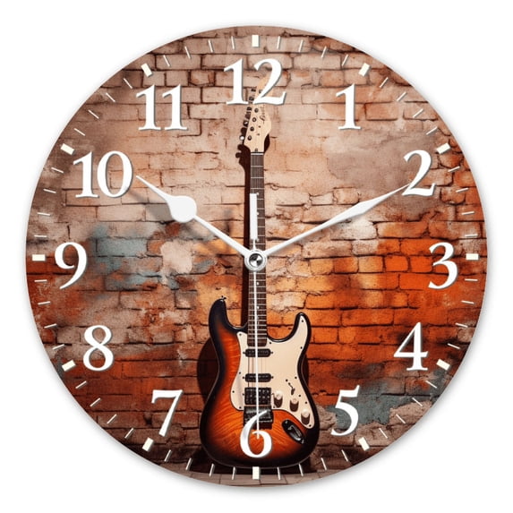 Battery Operated Wall Clocks with Non-Ticking Sweep Movement,Modern Round Clock Decorative for Bedroom,Office-Guitar Leans Against Old Brick Wall(12inch)