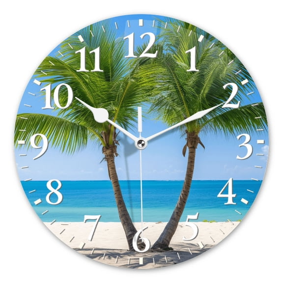 Battery Operated Wall Clocks with Non-Ticking Sweep Movement,Modern Round Clock Decorative for Bedroom,Office-Two Palm Trees On The Beach With Blue Sky(10inch)