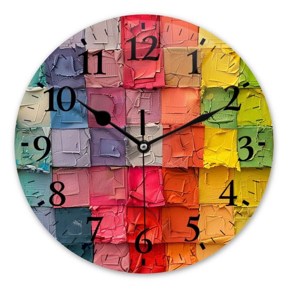 Battery Operated Wall Clocks with Non-Ticking Sweep Movement,Modern Round Clock Decorative for Bedroom,Office-Wall Of Squares Made From Different Colors Of Paint(14inch)