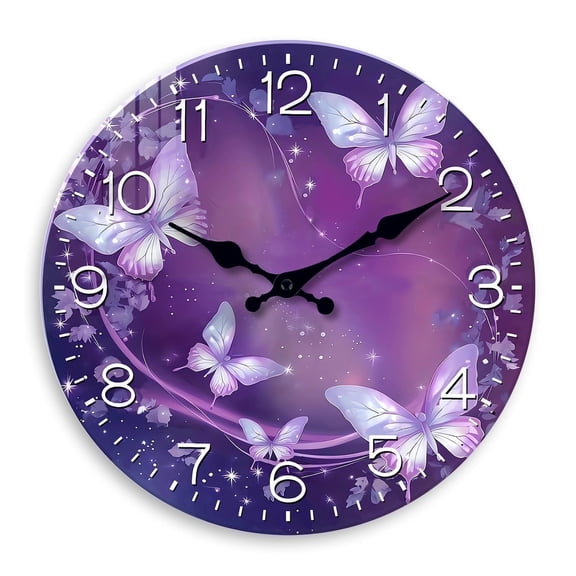 Purple Wall Clock for Girls Bedroom 14 Inch Butterfly Wall Clocks Battery Operated Silent Round Glass Wall Clock