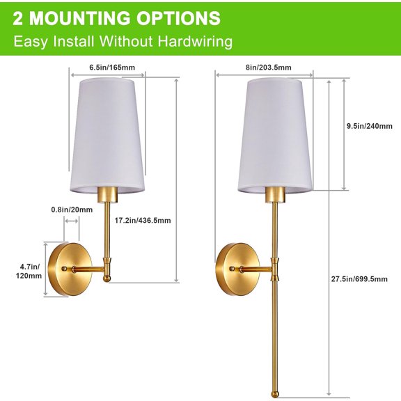 Battery Operated Wall Sconce: 27" Set of 2 Wireless Wall Lights with Remote for Bedroom - Rechargeable 15 Colors Gold Wall Lamp for Living Room Hallway Decor
