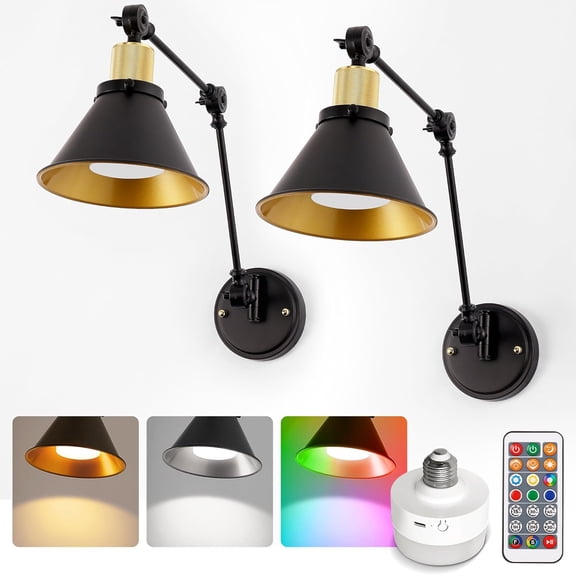 Battery Operated Wall Sconce, Dimmable and Adjustable Color Temperature Wireless Wall Sconces Set of Two with Remote Control, Swing Arm Wall Sconce for Bedroom Bedside Hallway Kitchen
